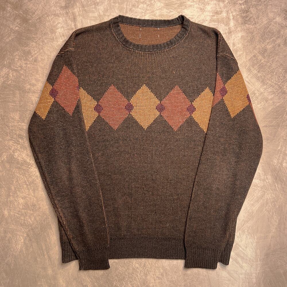 Vintage 90s Argyle Diamond Knit Sweater Brown Academia Cabincore Lodge Preppy